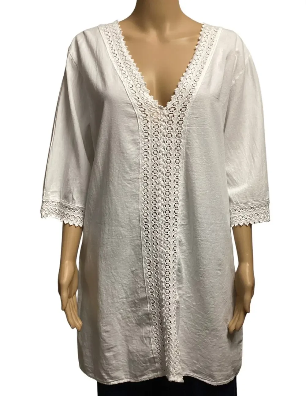 SEASPICE White 100% Peruvian Cotton Crochet Lace Trim V-Neck Tunic Cover Up sz M